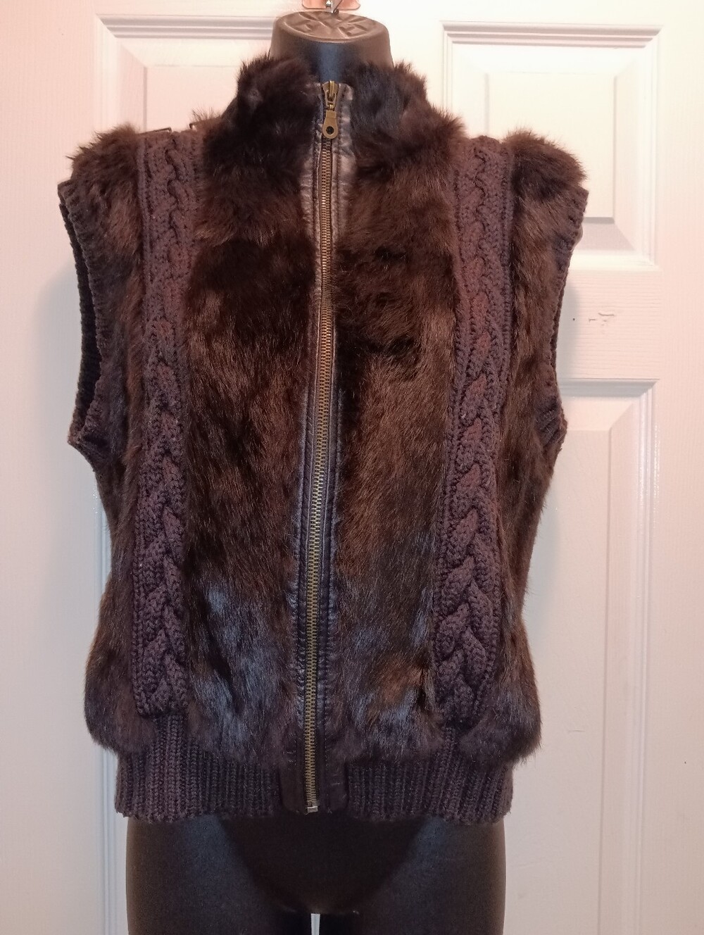 Lord & Taylor Brown Fur Cable-Knit Zip Front Vest